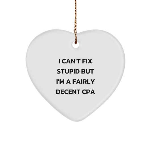 Funny CPA Gifts from Friends for Men - Heart Ornament Quote, 'I Can't Fix Stupid But I'm A Fairly Decent CPA' for Christmas - Image 1