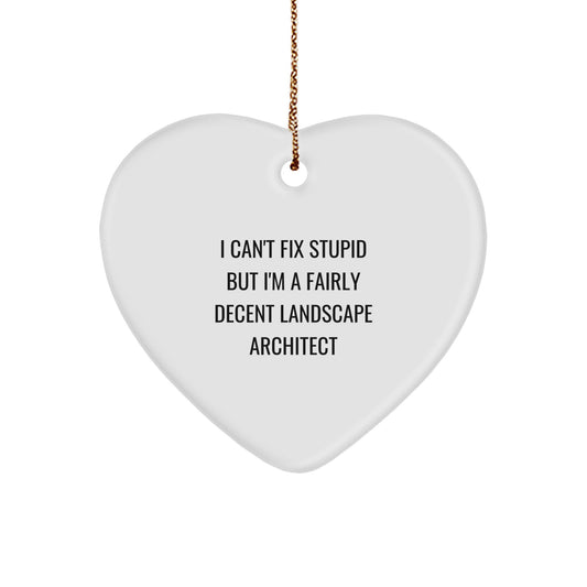 Funny Landscape Architect Gifts for Men - Heart Ornament with I Can't Fix Stupid Quote, Gifts from Friends to Coworkers - Image 1