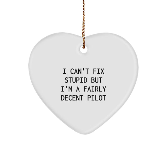 Funny Pilot Gifts - Heart Ornament with 'I Can't Fix Stupid But I'm A Fairly Decent Pilot' Quote, Perfect for Christmas, From Men to Women, Coworkers, Family, Friends - Image 1