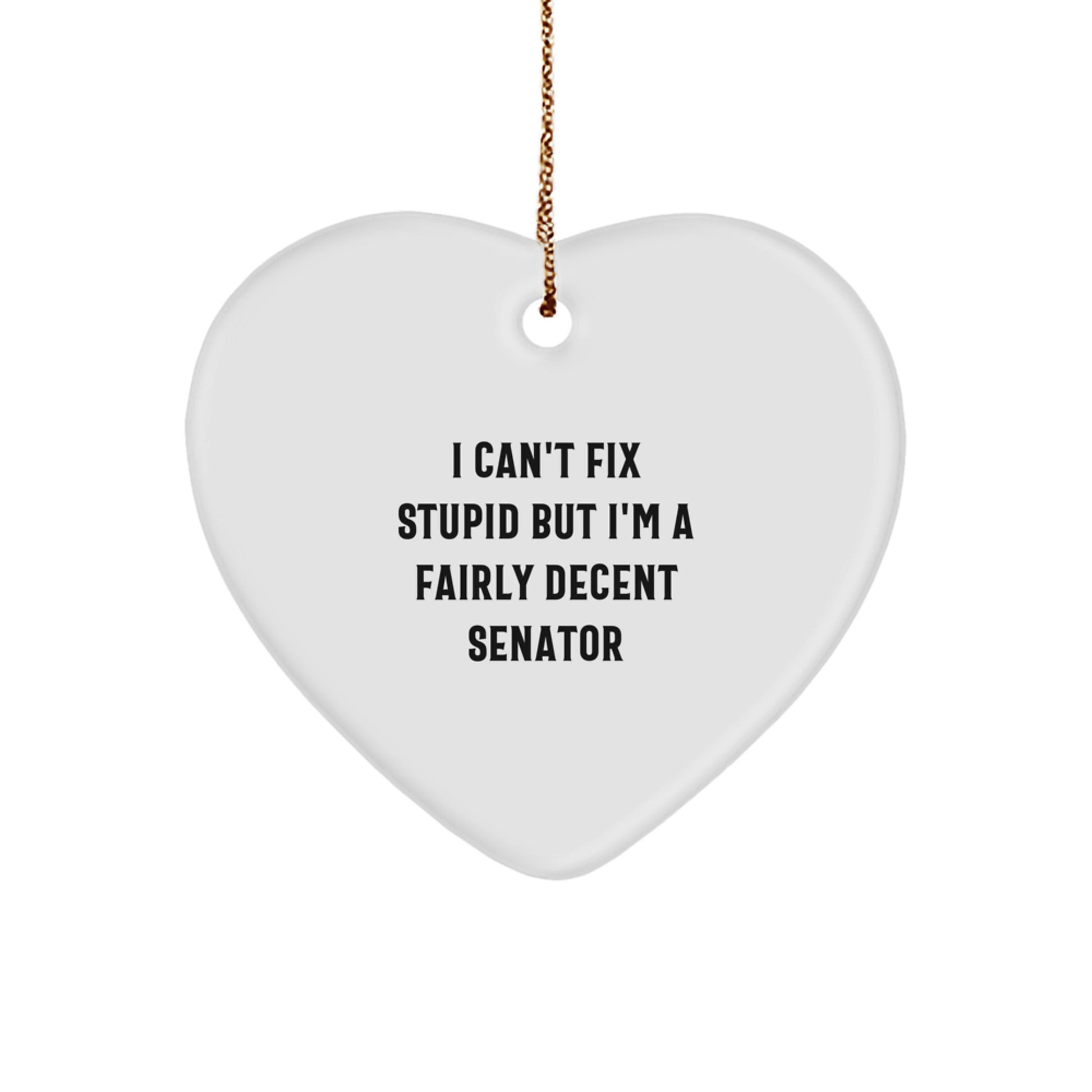 Funny Senator Gifts for Men, Gifts from Family, Heart Ornament with Quote 'I Can't Fix Stupid But I'm A Fairly Decent Senator', Senator Christmas Unique - Image 1