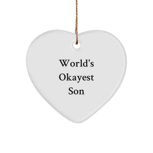 Funny Son Gifts from Mom - World's Okayest Son Heart Ornament, Unique Christmas Memorable Presents for Son, Heart Shaped Gift from Mom, Handmade Son Ornament - Image 1