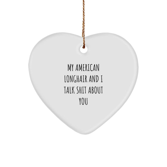 Funny American Longhair Cat Gifts for Friends - Heart Ornament with 'My American Longhair And I Talk Shit About You' Quote, Gifts from Friends to American Longhair Cat Lovers for Christmas - Image 1