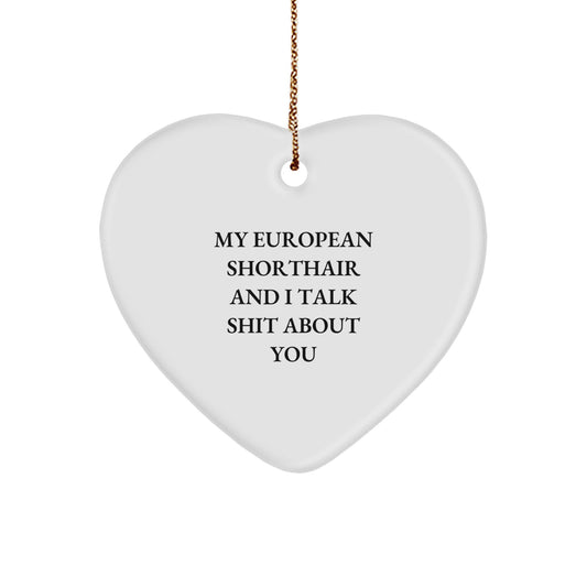 Funny European Shorthair Cat Gifts for Christmas - Heart Ornament with 'My European Shorthair And I Talk Shit About You' Quote, Gifts from Friends to Family - Image 1