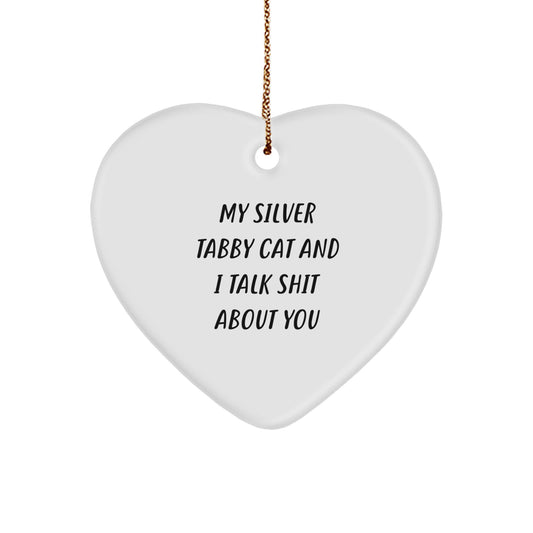 Funny Silver Tabby Cat Heart Ornament Gifts from Friends to Family for Christmas Unique - Image 1