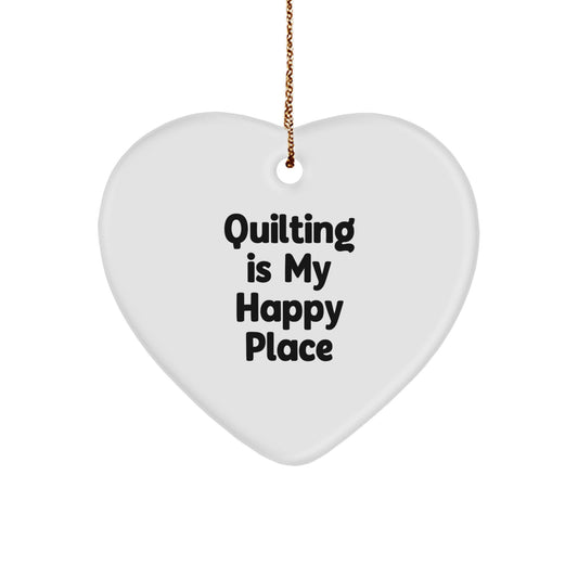 Quilting Gifts for Women, Heart Ornament, Funny Quote, 'Quilting Is My Happy Place', Christmas Unique Decorations, Gifts from Grandma to Quilting Enthusiast, White Heart Shaped MDF Decoration - Image 1