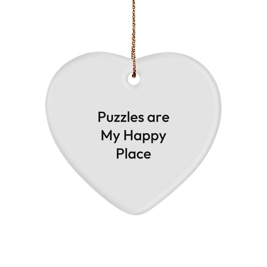 Heart Ornament for Puzzles Enthusiasts Gifts from Men to Puzzles Lovers at Christmas, Funny Quote 'Puzzles Are My Happy Place' Heart Shaped Ornament - Image 1