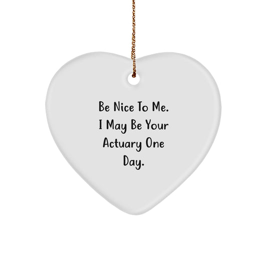 Funny Actuary Gifts for Friends and Family - 'Be Nice To Me. I May Be Your Actuary One Day.' Heart Ornament, Christmas Unique Presents - Image 1