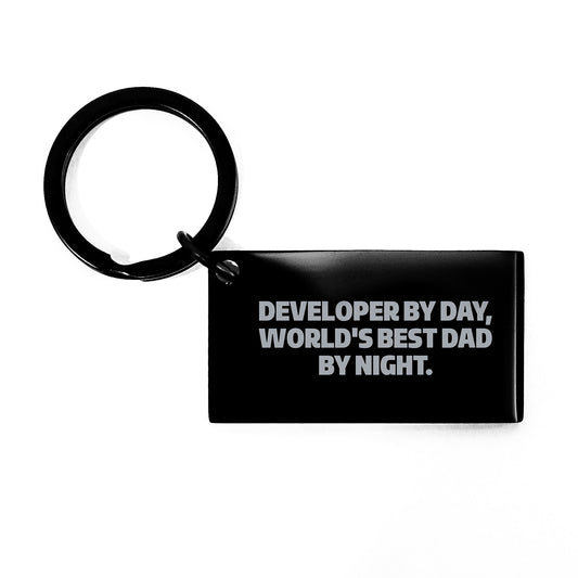 Funny Developer Gifts from Dad Keychain, Unique Christmas Memorable Presents for Developers by Day, Men's Engraved Keychain, Developer Keychain for Men, Women, Friends, Coworkers, Family Members - Image 1