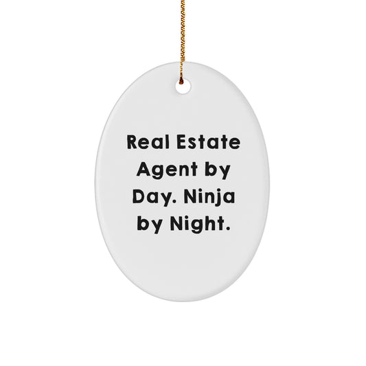 Gifts from Family for Real Estate Agent By Day. Ninja By Night. Oval Ornament, Funny Christmas Unique Gifts for Men or Women, Oval Shaped, White Color - Image 1