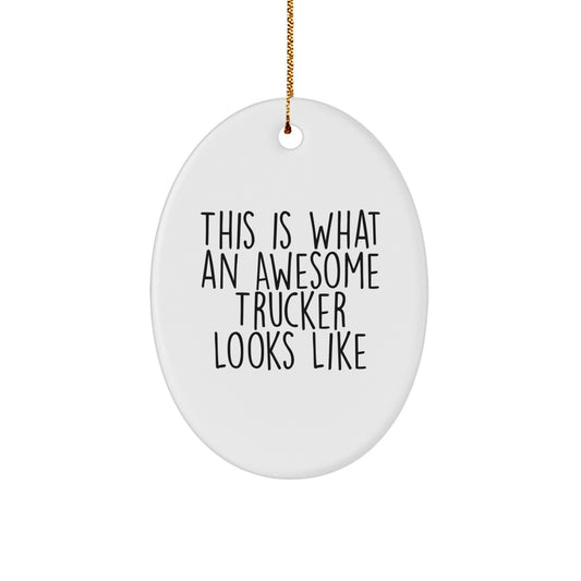 Funny Trucker Gifts for Men, Christmas Unique Oval Ornaments from Friends, Trucker Decorations, This Is What An Awesome Trucker Looks Like Quote - Image 1