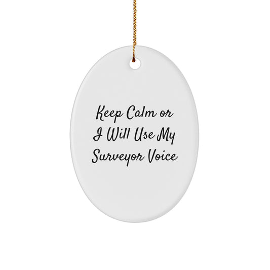 Funny Surveyor Christmas Unique Gifts from Men to Surveyor Friends, Oval Ornament Keep Calm Or I Will Use My Surveyor Voice Decor - Image 1