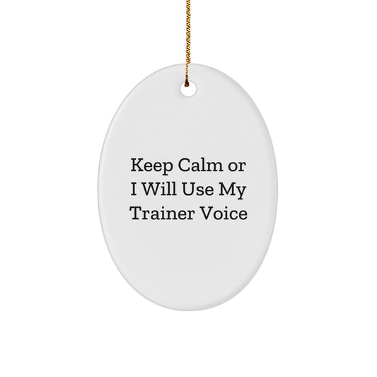 Funny Trainer Gifts from Men to Friends, Oval Ornament for Christmas, Keep Calm 'I Will Use My Trainer Voice' - Image 1