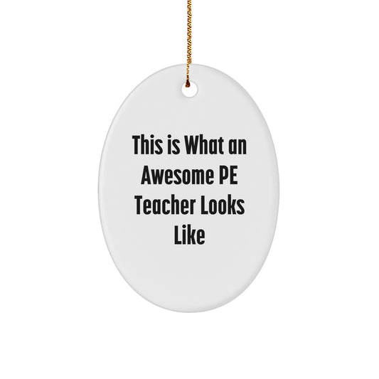 Funny PE Teacher Gifts from Friends - This Is What An Awesome PE Teacher Looks Like Oval Ornament, White, 3.25" Tall, for Christmas Unique Gifts for PE Teacher - Image 1