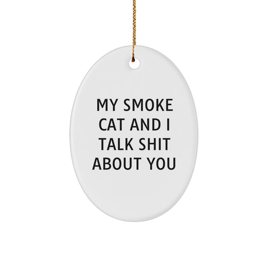 Funny Smoke Cat Oval Ornament Gifts from Friends and Family for Christmas Unique Presents - 'My Smoke Cat And I Talk Shit About You' - Image 1