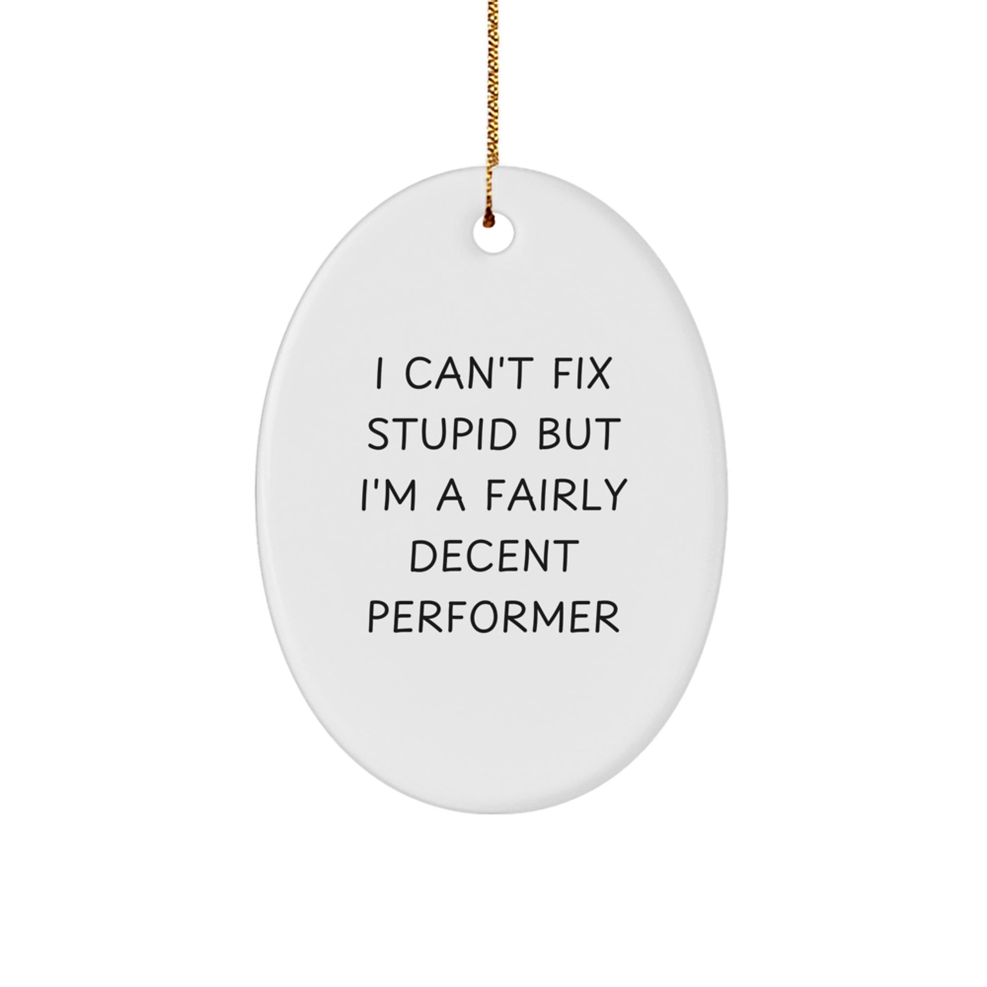 Funny Gift for Performer Friends - Oval Ornament with 'I Can't Fix Stupid But I'm A Fairly Decent Performer' Quote, Perfect Christmas Unique Gifts from Friends and Family to Men Women - Image 1
