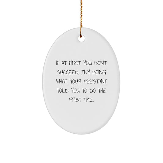Funny Gifts from Men to Assistant Christmas Unique Oval Ornament - If At First You Don't Succeed, Try Doing What Your Assistant Told You To Do The First Time. - Image 1