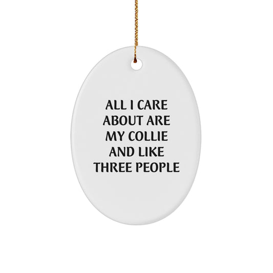 Funny Collie Dog Gifts from Friends for Christmas - Oval Ornament with 'All I Care About Are My Collie And Like Three People' Quote, Perfect for Collie Dog Lovers - Image 1
