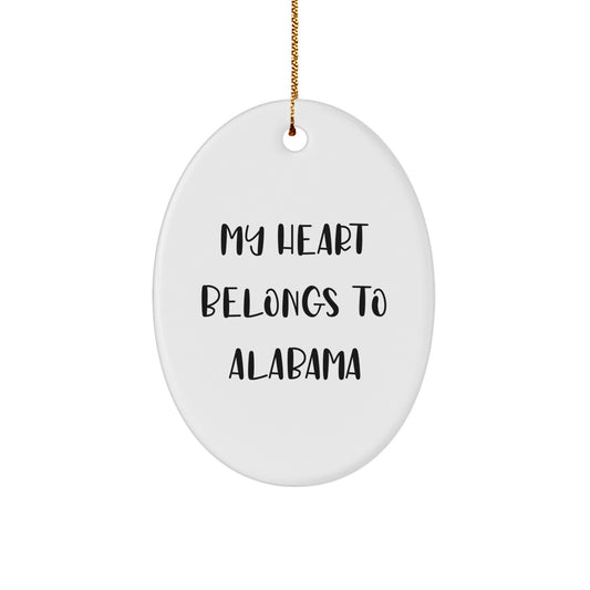 Alabama Oval Ornament, 'My Heart Belongs To Alabama' Quote, White, Gifts from Friends, Gifts for Alabama, Christmas Unique - Image 1