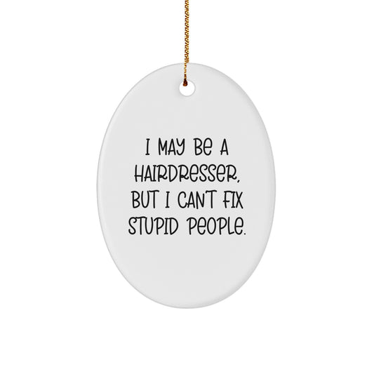 Funny Hairdresser Gifts from Friends - Oval Ornament with 'I May Be A Hairdresser But I Cant Fix Stupid People' Quote - Christmas Unique Gifts for Hairdresser - Image 1
