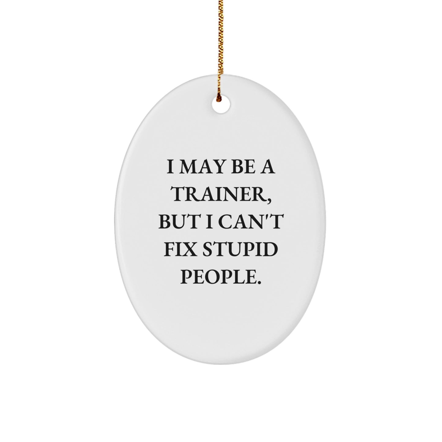 Funny Trainer Gifts from Men for Friends, 'I May Be A Trainer, But I Can't Fix Stupid People.', Oval Ornament, White Christmas Unique Gifts - Image 1