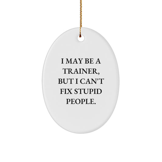 Funny Trainer Gifts from Men for Friends, 'I May Be A Trainer, But I Can't Fix Stupid People.', Oval Ornament, White Christmas Unique Gifts - Image 1