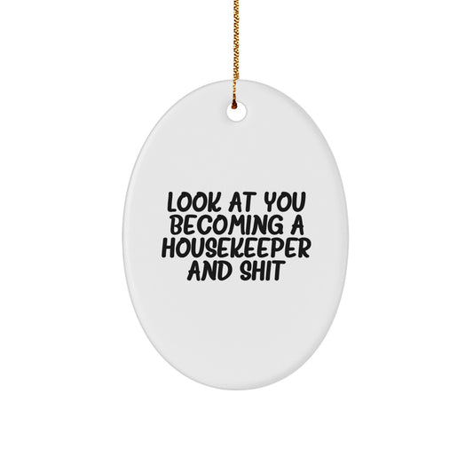 Funny Housekeeper Christmas Unique Gifts for Housekeeper, Oval Ornament with Look At You Becoming A Housekeeper And Shit Quote, Gifts from Friends and Family - Image 1