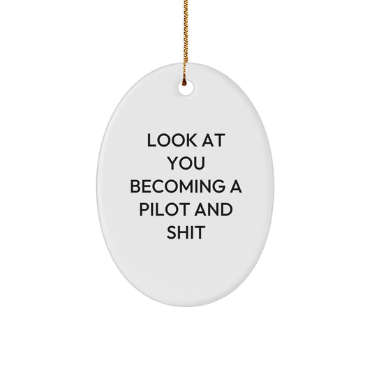 Funny Pilot Gifts for Men Christmas Oval Ornament, Inspirational Quote Gifts from Friends, Look At You Becoming A Pilot And Shit Gifts for Pilot - Image 1