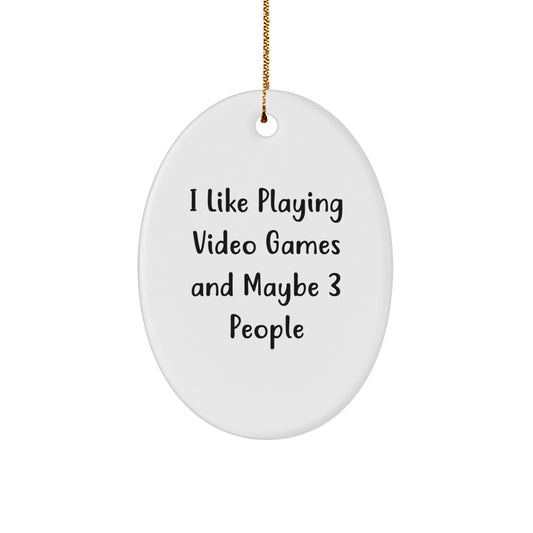 Funny Playing Video Games Oval Ornament, Gift from Friends for Christmas Games Enthusiasts, White Oval Shaped Decorative MDF with Gold Cord - Image 1