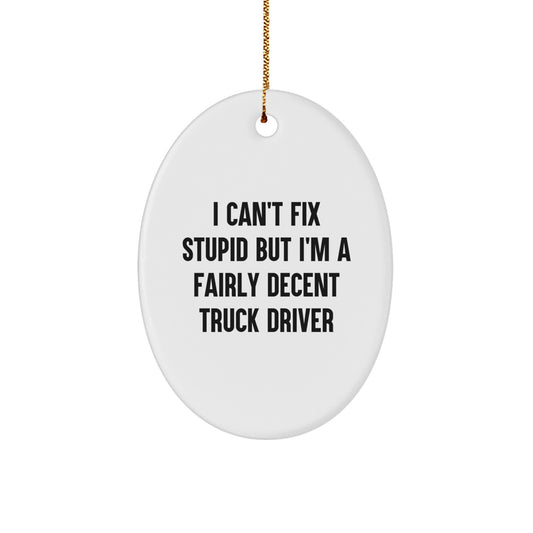 Funny Truck Driver Gifts for Him - Oval Ornament with I Can't Fix Stupid Quote - Christmas Unique Decorations for Men from Friends and Family - Image 1