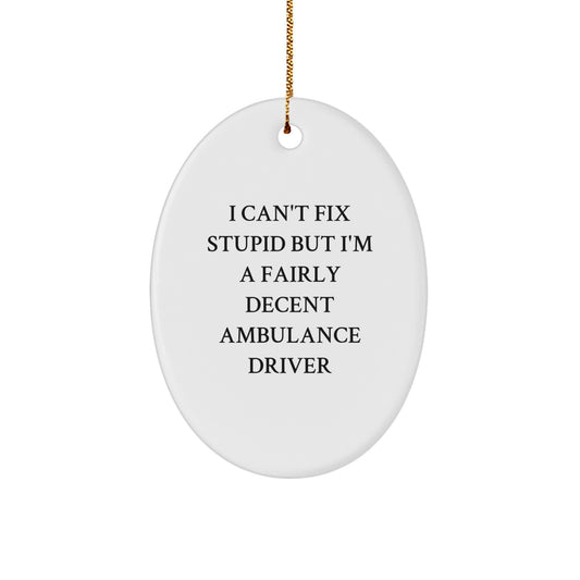 Ambulance Driver Gifts for Men - Funny Oval Ornament, Gifts from Friends, Ambulance Driver Christmas Unique Gifts, Oval Shape, I Can't Fix 'Stupid' - Image 1