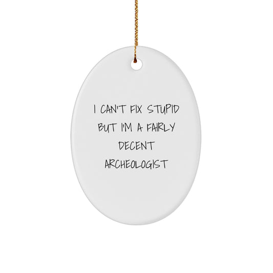 Archeologist Gifts for Men, Women, Friends, Coworkers - Funny Oval Ornament I Can't Fix Stupid But I'm A Fairly Decent Archeologist - Christmas Unique Gifts from Family - Image 1