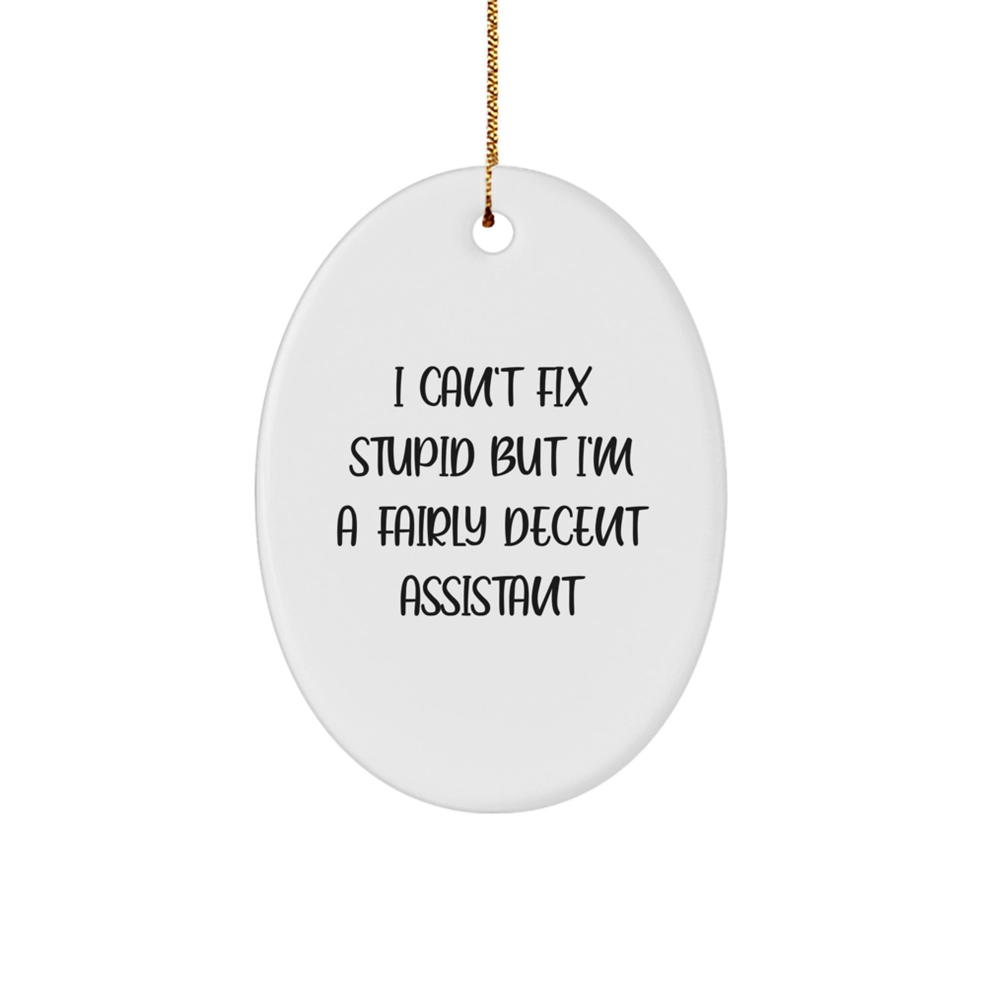 Funny Assistant Oval Ornament with I Can't Fix Stupid But I'm A Fairly Decent Assistant Quote for Gifts from Friends, Coworkers, or Family this Christmas - Image 1