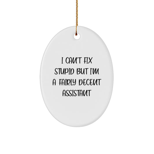 Funny Assistant Oval Ornament with I Can't Fix Stupid But I'm A Fairly Decent Assistant Quote for Gifts from Friends, Coworkers, or Family this Christmas - Image 1
