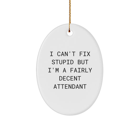 Funny Attendant Gifts, Oval Ornament, 'I Can't Fix Stupid But I'm A Fairly Decent Attendant', Christmas Unique Gifts from Family, Friends, Coworkers to Attendant, Men, Women - Image 1