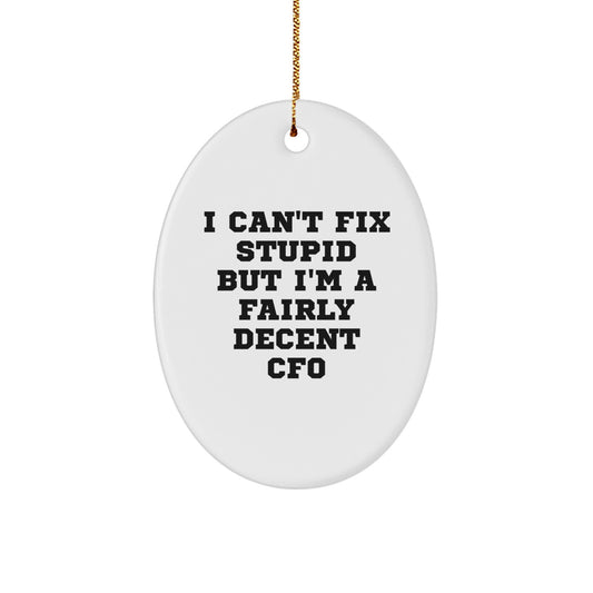 Funny CFO Gifts for Men, Women, Coworkers, Family - Oval Ornament for Christmas 'I Can't Fix Stupid But I'm A Fairly Decent CFO' Quote, Durable MDF with High-Gloss Finish - Image 1