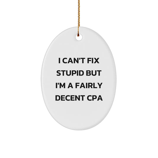 Funny CPA Gifts from Friends or Family - Oval Ornament with 'I Can't Fix Stupid But I'm A Fairly Decent CPA' Quote, Christmas Unique Gifts for Him or Her - Image 1