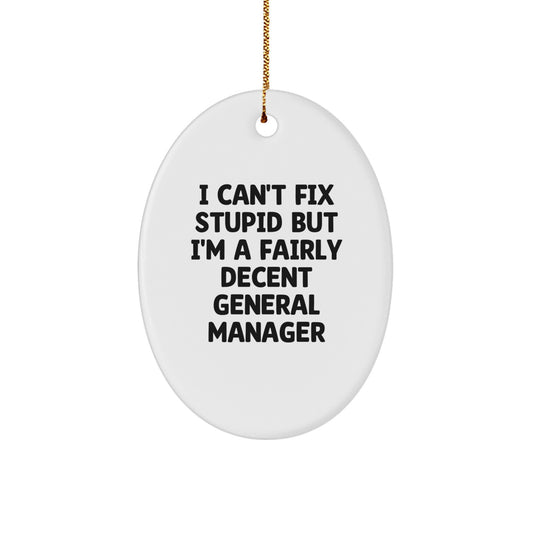 Funny General Manager Gifts for Men, Oval Ornament from Friends and Family with I Can't Fix Stupid But I'm A Fairly Decent General Manager Quote, Christmas Unique Gifts - Image 1