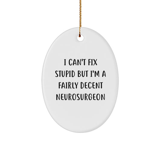 Funny Neurosurgeon Gifts from Friends for Christmas - Oval Ornament with I Can't Fix Stupid But I'm A Fairly Decent Neurosurgeon Quote - Image 1