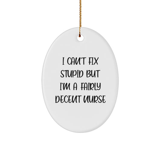Funny Nurse Gifts from Friends, Cute Oval Ornament with 'I Can't Fix Stupid But I'm A Fairly Decent Nurse' Quote, Perfect for Christmas - Image 1
