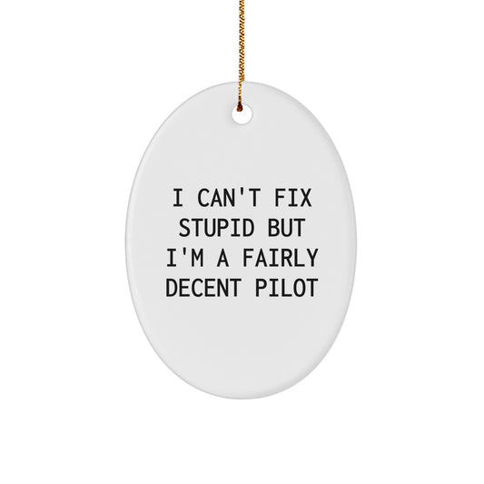 Pilot Gifts from Men to Men - Oval Ornament with Funny Quote 'I Can't Fix Stupid But I'm A Fairly Decent Pilot' for Christmas - Image 1
