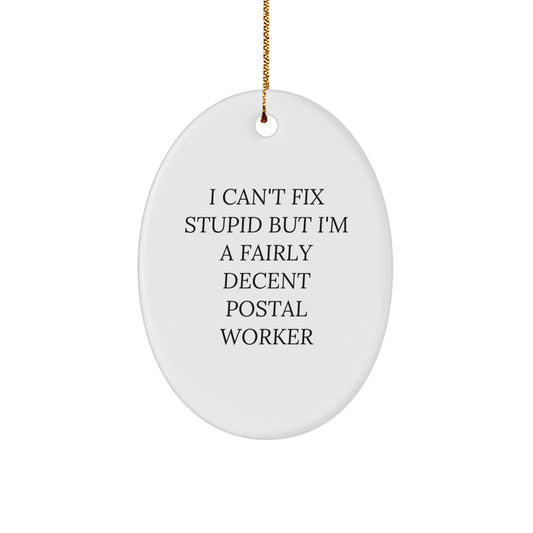 Funny Postal Worker Gifts from Friends, Oval Ornament I Can't Fix Stupid But I'm A Fairly Decent Postal Worker, Christmas Unique Gifts - Image 1
