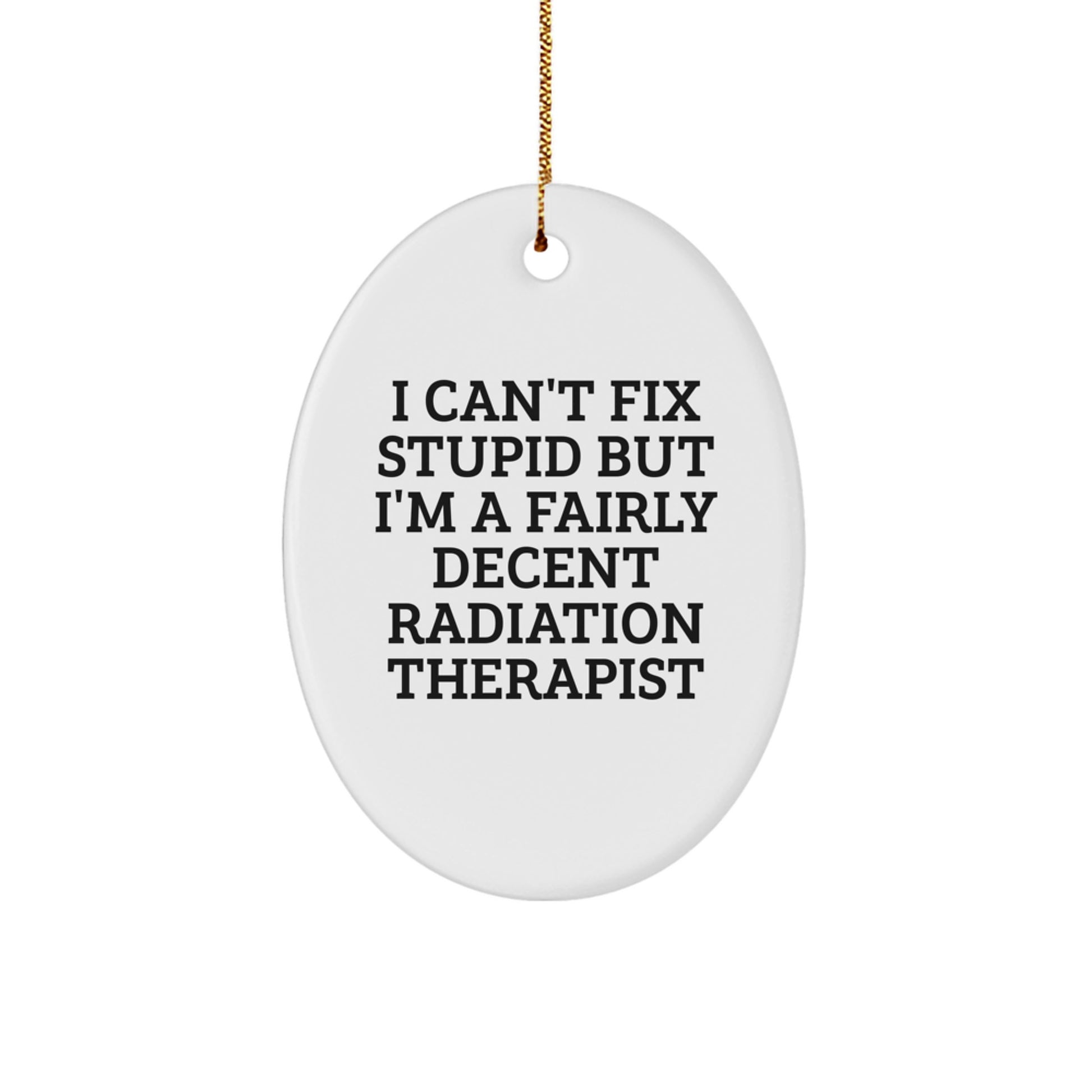 Funny Radiation Therapist Gifts from Friends - Oval Ornament with Quote 'I Can't Fix Stupid But I'm A Fairly Decent Radiation Therapist' - Christmas Unique Presents for Radiation Therapist - Image 1