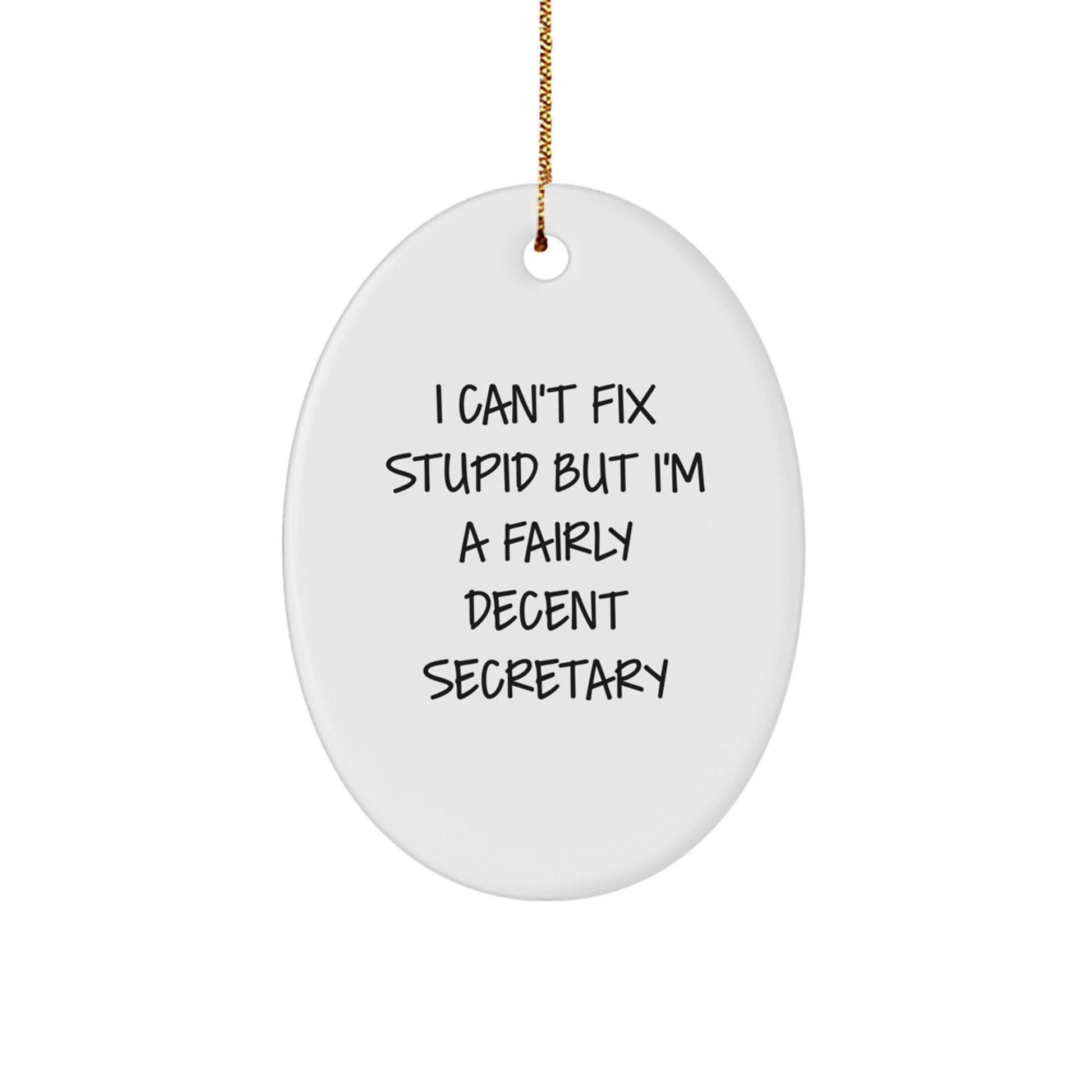 Funny Secretary Oval Ornament for Christmas Unique Gifts from Friends to Secretary, I 'Can't Fix Stupid' Humorous White Oval Ornament, Oval Shaped Secretary Gift - Image 1