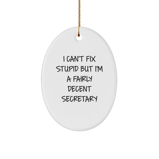 Funny Secretary Oval Ornament for Christmas Unique Gifts from Friends to Secretary, I 'Can't Fix Stupid' Humorous White Oval Ornament, Oval Shaped Secretary Gift - Image 1