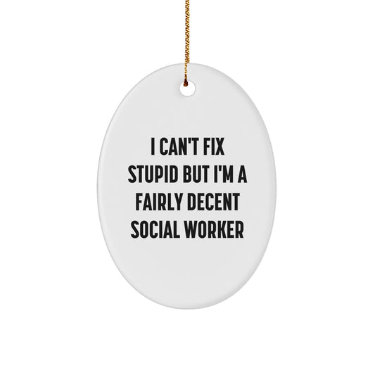 'Funny' Social Worker Gifts: I Can't Fix Stupid But I'm A Fairly Decent Social Worker Oval Ornament, Gifts from Friends to Social Workers, Unique Christmas Unique Gifts - Image 1