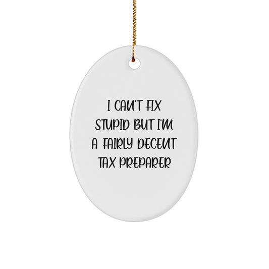 Funny Tax Preparer Gifts from Family, Christmas Unique Oval Ornament for Men, Women, Friends - I Can't Fix Stupid But I'm A Fairly Decent Tax Preparer - Image 1