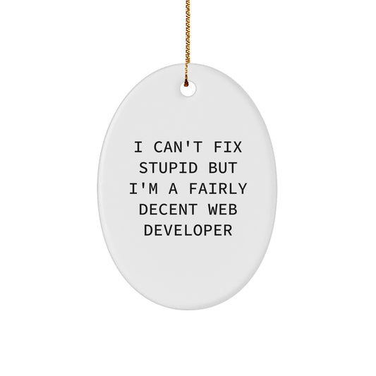 Funny Web Developer Christmas Oval Ornament, Gifts from Friends for Men, Women, Coworkers, Family, Unique Decorations, I Can't Fix Stupid But I'm A Fairly Decent Web Developer - Image 1