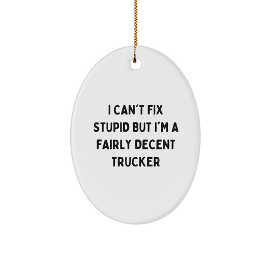 Funny Trucker Christmas Unique Gift for Men Oval Ornament with I Can't Fix Stupid But I'm A Fairly Decent Trucker - Image 1