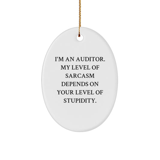 Funny Auditor Gifts from Friends, Men to Women, Coworkers, Family for Christmas Unique Decorations Oval Ornament, I'm An Auditor My Level Of Sarcasm Depends On Your Level Of Stupidity. - Image 1
