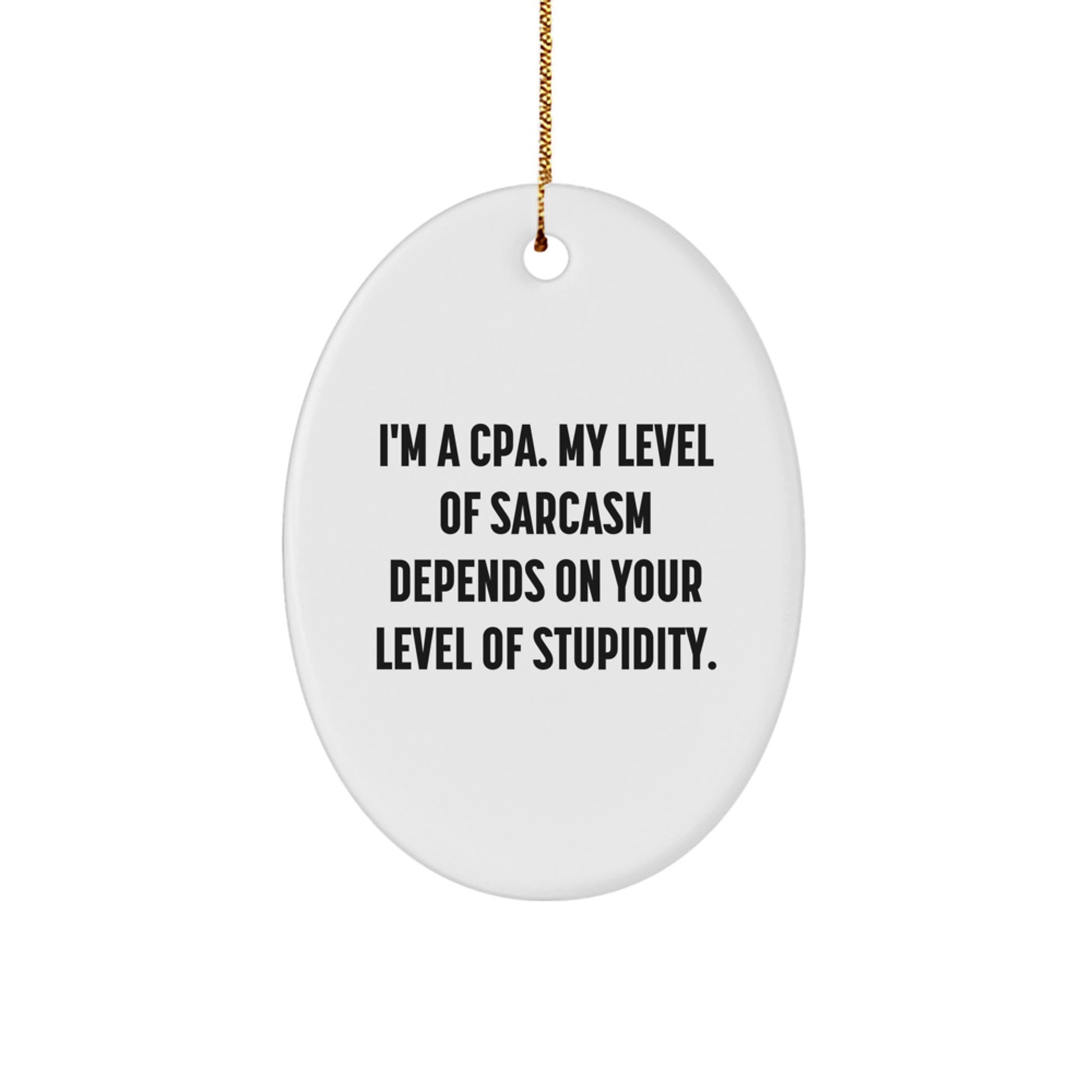 Funny CPA Gifts from Friends, Oval Ornament for Men or Women, Christmas Unique Decorations - 'I'm A Cpa. My Level Of Sarcasm Depends On Your Level Of Stupidity.' - Image 1